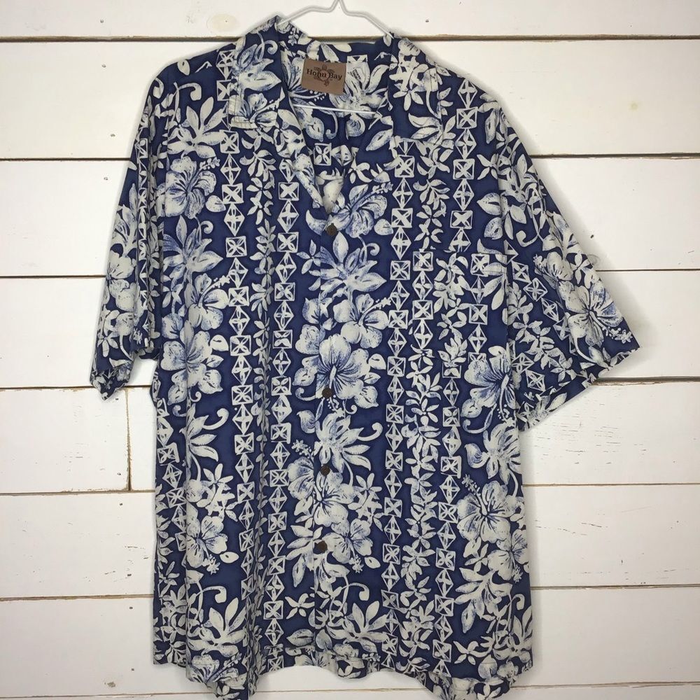 Honu Bay Hawaiian Shirt Cotton Blue Floral Camp